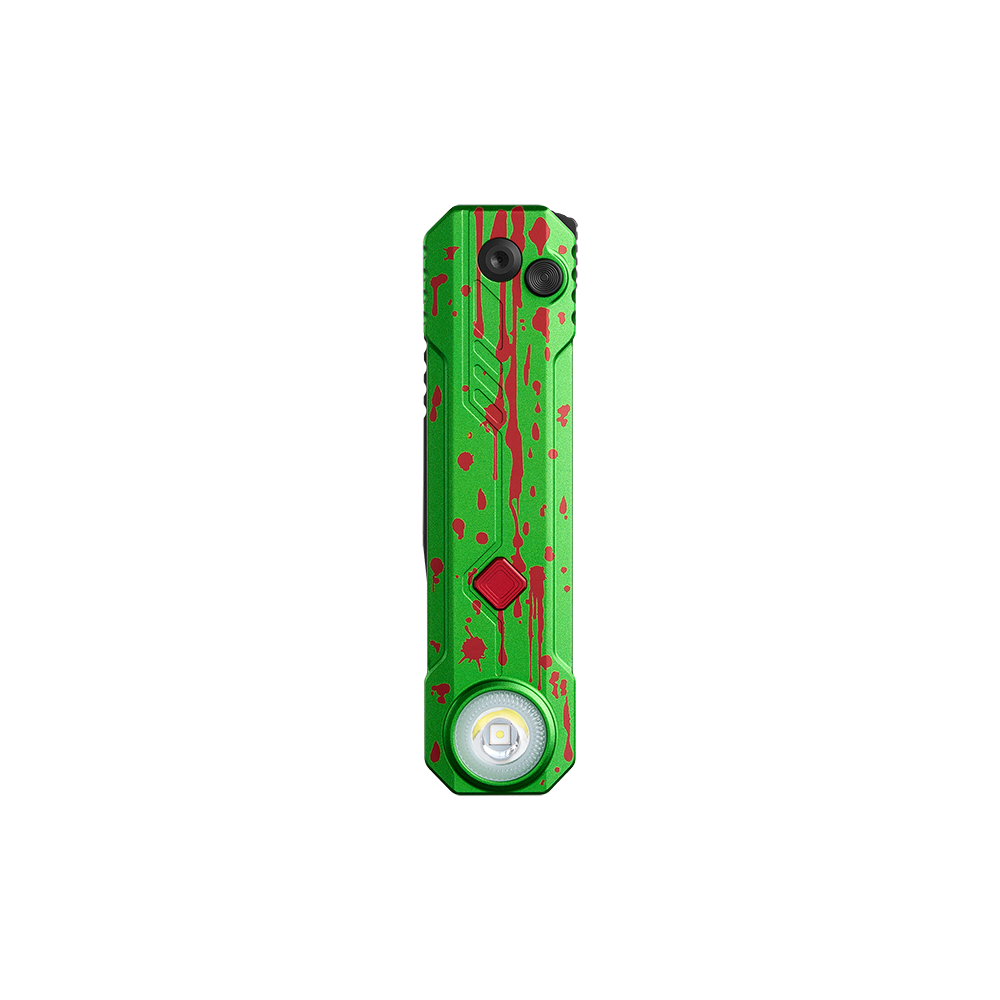 Grüne EDC-Taschenlampe mit roten Blutspritzern und LED-Licht auf schwarzem Hintergrund