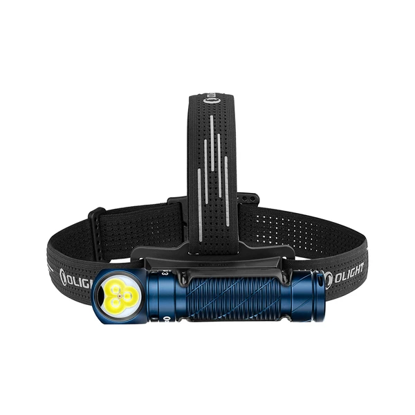 Blaue Olight Stirnlampe mit drei LEDs und schwarzem Kopfband