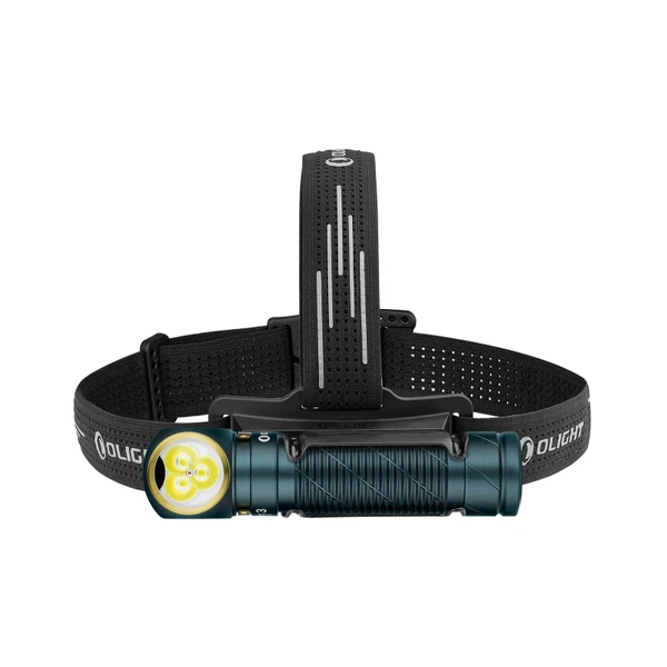 Olight LED Stirnlampe dunkelgrün, schwarzes verstellbares Kopfband. Ideal für Outdoor, Wandern, Camping, Laufen.