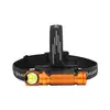 Orange Olight LED-Stirnlampe mit drei LEDs und schwarzem Kopfband.