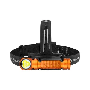 Orange Olight LED-Stirnlampe mit drei LEDs und schwarzem Kopfband.