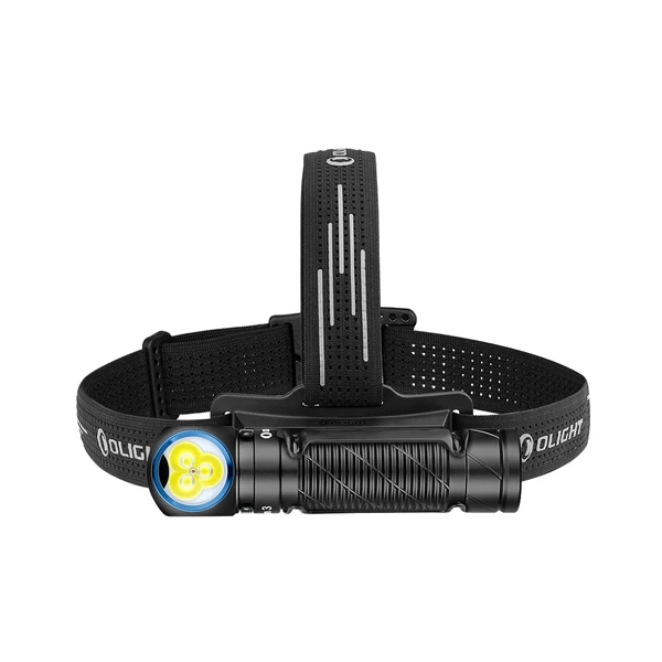 Olight Stirnlampe, schwarz, mit drei gelben LEDs und verstellbarem Kopfband.