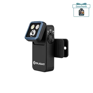 Olight LED Clip-On Lampe mit verstellbarem Leuchtkopf, Drehschalter und Befestigungsclip auf weißem Hintergrund