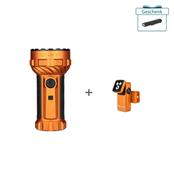 Olight orangefarbene LED Taschenlampe und kompakte Clip-Leuchte im Set mit Gratisgeschenk