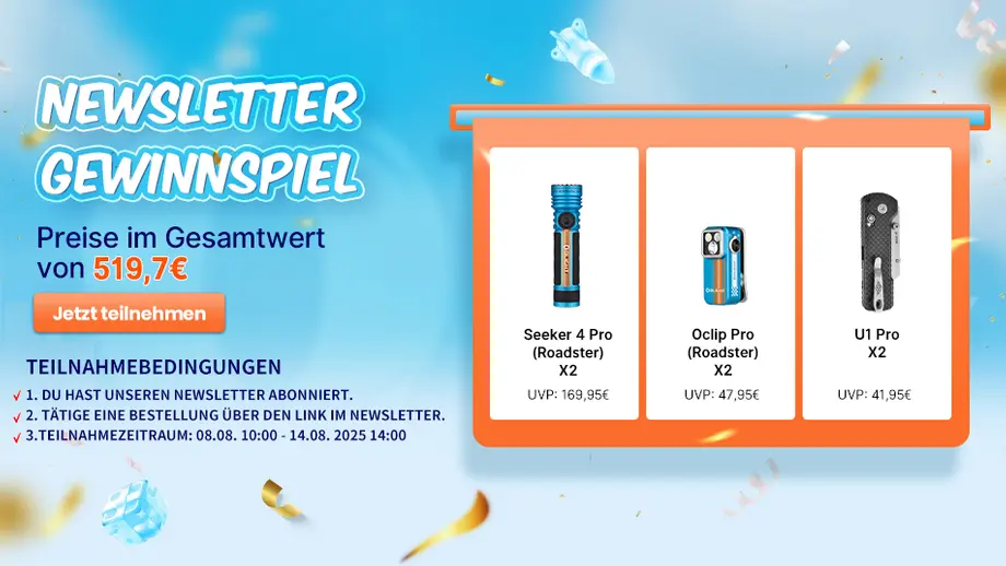 Olight Newsletter Gewinnspiel: Preise im Wert von 519,7€, darunter Seeker 4 Pro, Oclip Pro, U1 Pro. Jetzt teilnehmen.