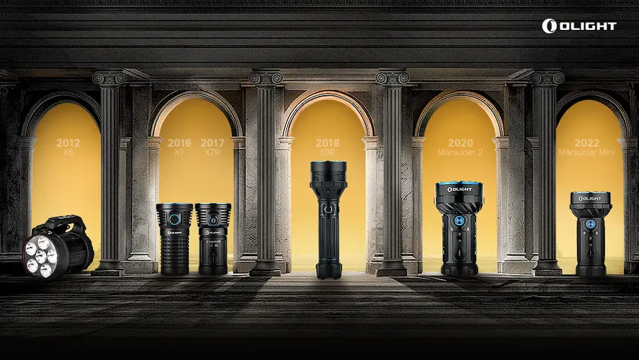 Evolution der Olight Taschenlampen: Modelle X6, X7, X7R, X9R, Marauder 2, Marauder Mini (2012-2022).