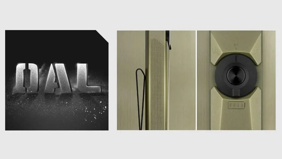 DAL Schriftzug und Nahaufnahmen einer robusten grünen Outdoor-Kamera mit Einstellrad und Befestigungsclip.