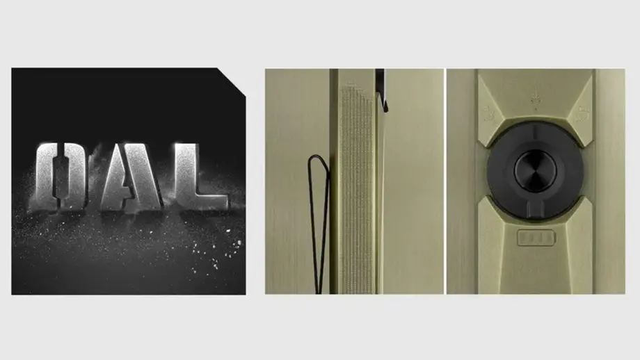 DAL Schriftzug und Nahaufnahmen einer robusten grünen Outdoor-Kamera mit Einstellrad und Befestigungsclip.