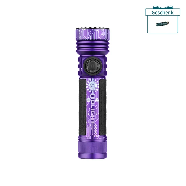 Olight Seeker 4 Pro lila LED Taschenlampe in Frontansicht mit rutschfestem Griff und Leiterplattenmuster für Outdoor-Einsätze