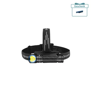 Olight Stirnlampe, schwarz, mit drei gelben LEDs und verstellbarem Kopfband.