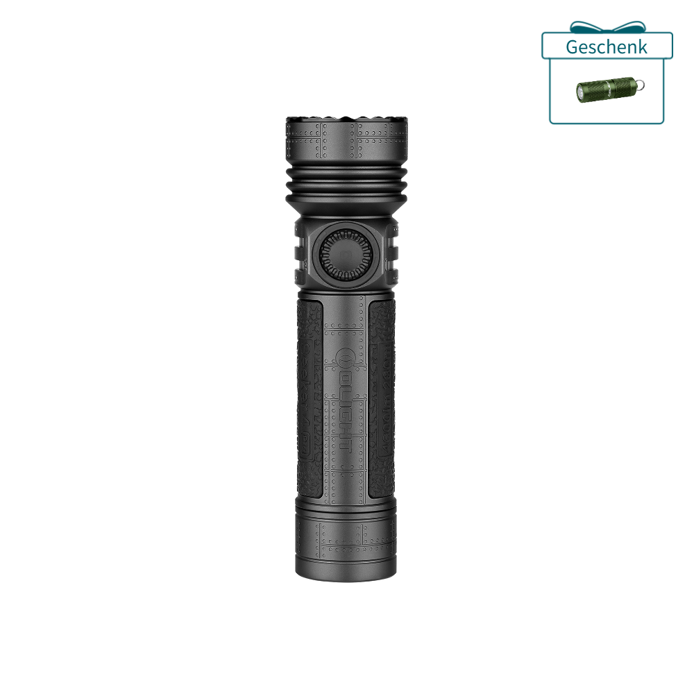 Schwarze Olight Seeker 4 Pro Taschenlampe in Vorderansicht mit rutschfestem Griff für Outdoor und Camping