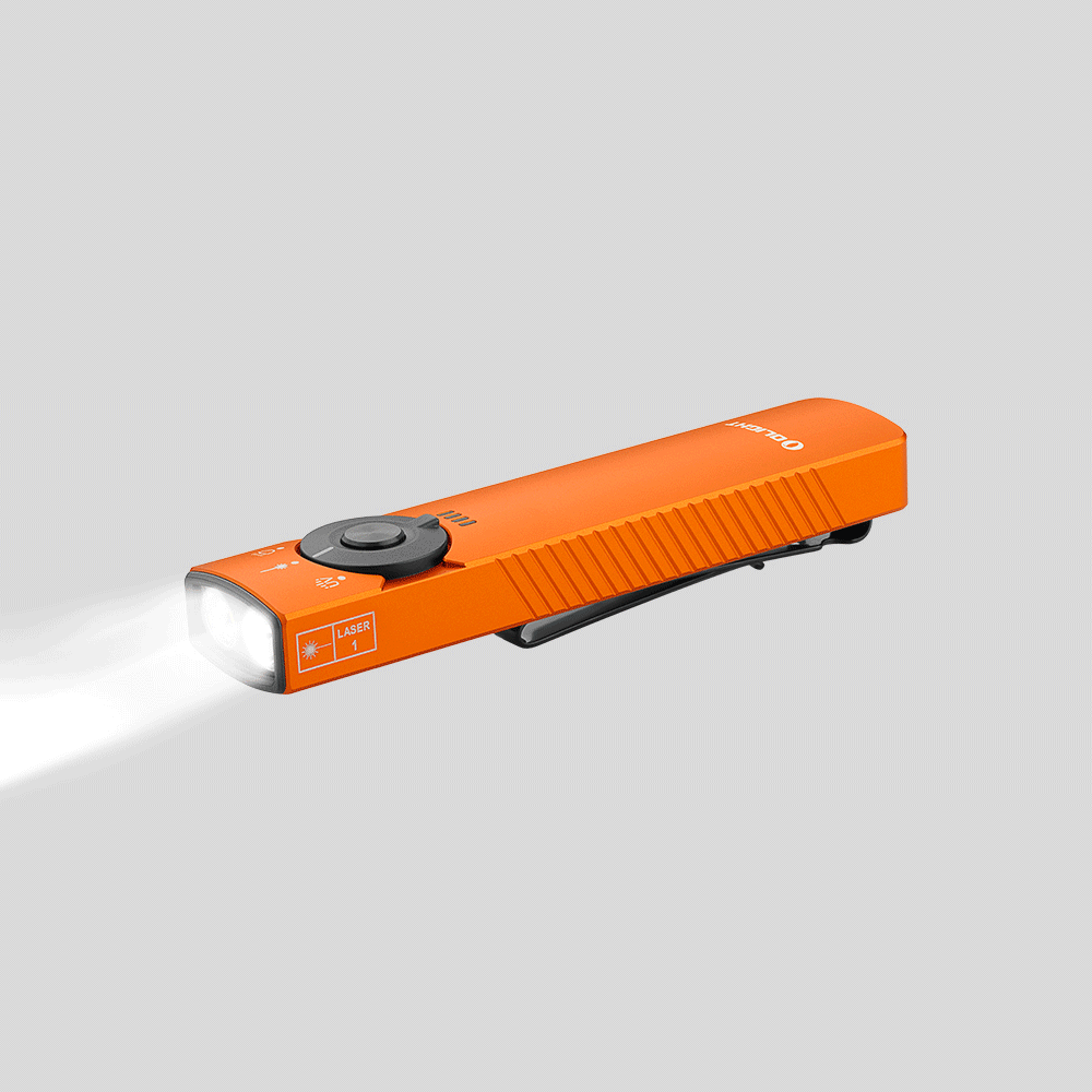 Orange Olight Arkflex Taschenlampe mit Laserlicht und leuchtendem Strahl