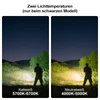 Mann beleuchtet Waldweg mit kaltweißem und neutralweißem Licht im Dunkeln; Vergleich 5700K-6700K vs. 4000K-5000K