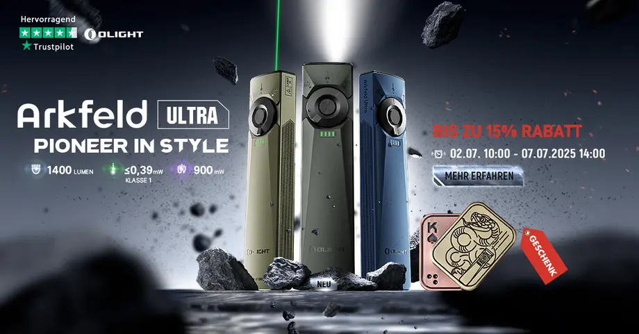Olight Arkfeld Ultra LED-Taschenlampen mit Laser in drei Farben, neu, 1400 Lumen. Bis zu 15% Rabatt + Geschenk.