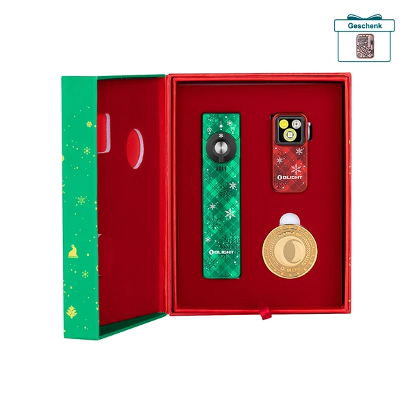 Olight Weihnachtsgeschenkset mit grüner Arkfeld, roter Oclip Taschenlampe und goldener Münze in Geschenkbox