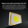 Olight ArkPro Ultra LED-Chip EIP 1 in Nahaufnahme mit goldener Umrandung für hocheffizientes reinweißes Licht