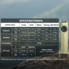 Olight ArkPro Ultra goldene Taschenlampe mit Tabelle der technischen Daten zu Flutlicht und UV-Licht für Outdoor-Einsätze