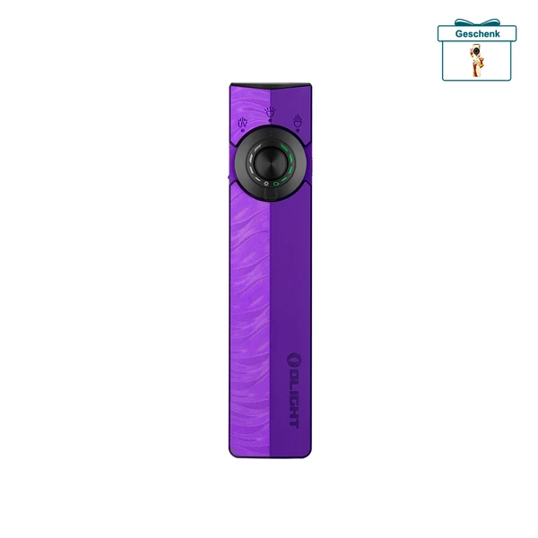 Olight ArkPro lila EDC Lampe Vorderansicht mit Laser UV Licht und innovativem Drehschalter für Alltag und Outdoor