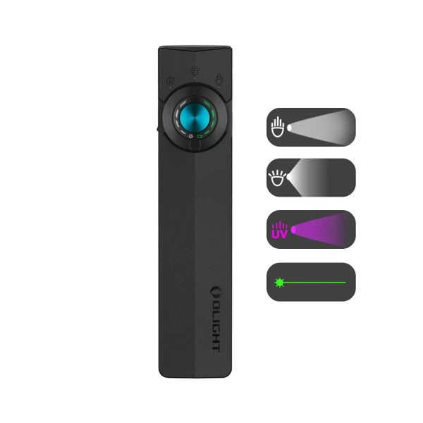 Olight schwarze ArkPro Arbeitsleuchte mit Steuerungsrad, UV-Licht und Laserpointer für Inspektion und vielseitigen Einsatz.