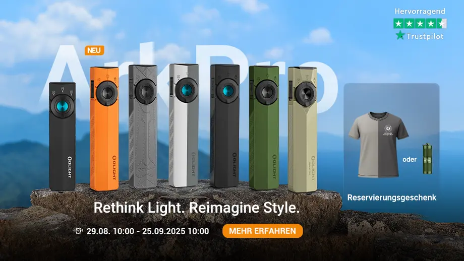 Neue Olight Arkfeld Pro Taschenlampen in verschiedenen Farben, inklusive Reservierungsgeschenk.