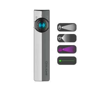 Olight silberne ArkPro Multifunktions-Arbeitsleuchte mit Drehregler, UV-Licht, Flutlicht, Spotlicht und Laserfunktion.