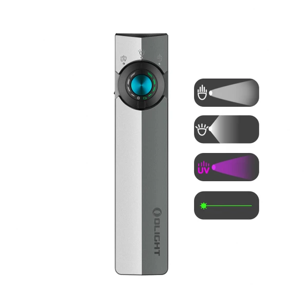 Olight graue ArkPro Arbeitsleuchte mit Drehregler, zeigt Punkt-/Flutlicht, UV und Laser für vielseitigen Einsatz.