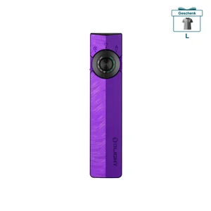 Olight lila flache LED-Taschenlampe mit Laserschnitt-Muster und T-Shirt-Geschenk-Symbol oben rechts