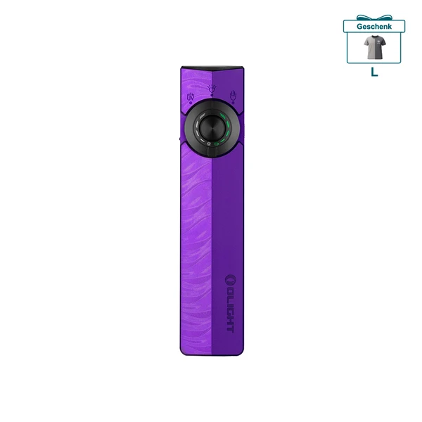 Olight lila flache LED-Taschenlampe mit Laserschnitt-Muster und T-Shirt-Geschenk-Symbol oben rechts