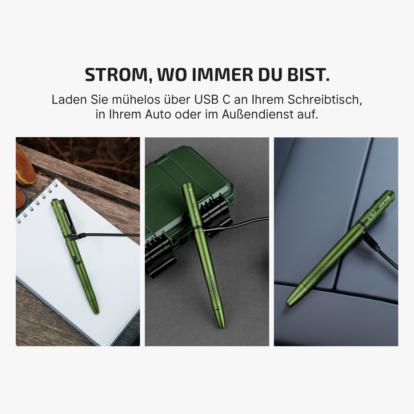 O&rsquo;Pen 3 in OD Green bei Notizen drau&szlig;en sowie beim Laden &uuml;ber USB-C im Auto