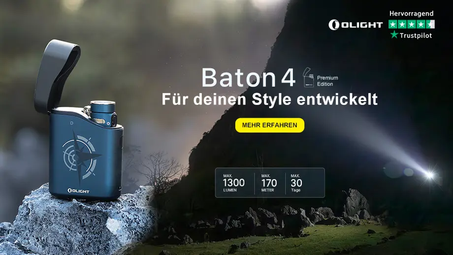 Olight Baton 4 Premium Edition Taschenlampe mit Ladebox, blau, auf Felsen, bis 30% Rabatt.