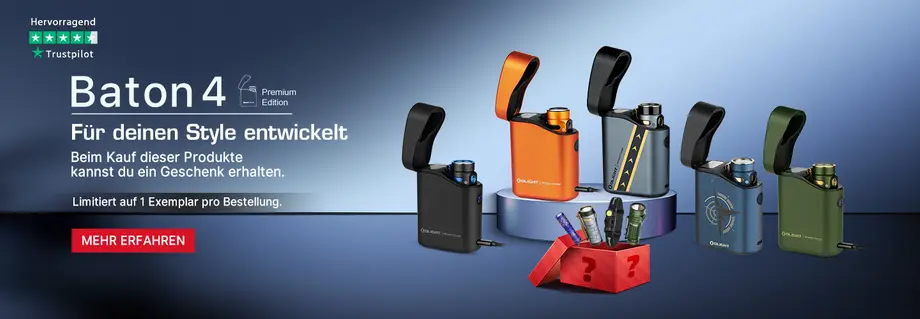 Olight Baton 4 Premium Edition Taschenlampen-Sets mit Ladecases in verschiedenen Farben, Trustpilot 5 Sterne, Geschenkaktion.