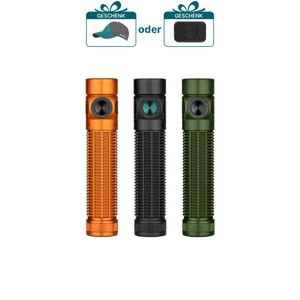 Olight Taschenlampe mit blauem Knopf. In der oberen Ecke gibt es auch einen Hut oder eine Fernbedienung als Geschenk