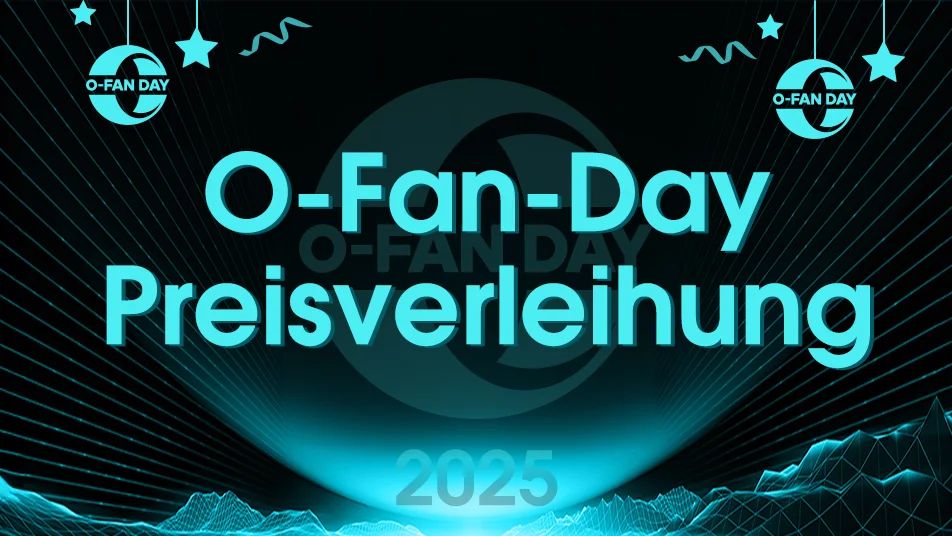 O-Fan-Day Preisverleihung 2025, leuchtend türkis auf dunklem, digitalem Hintergrund.