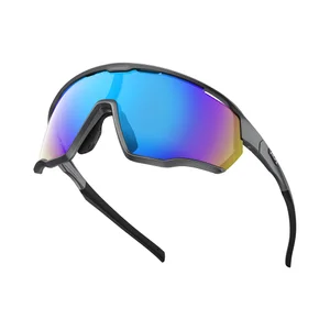 Sportsonnenbrille mit blau-violett verspiegelten Gläsern und schwarzem Rahmen für Radsport und Outdoor-Aktivitäten