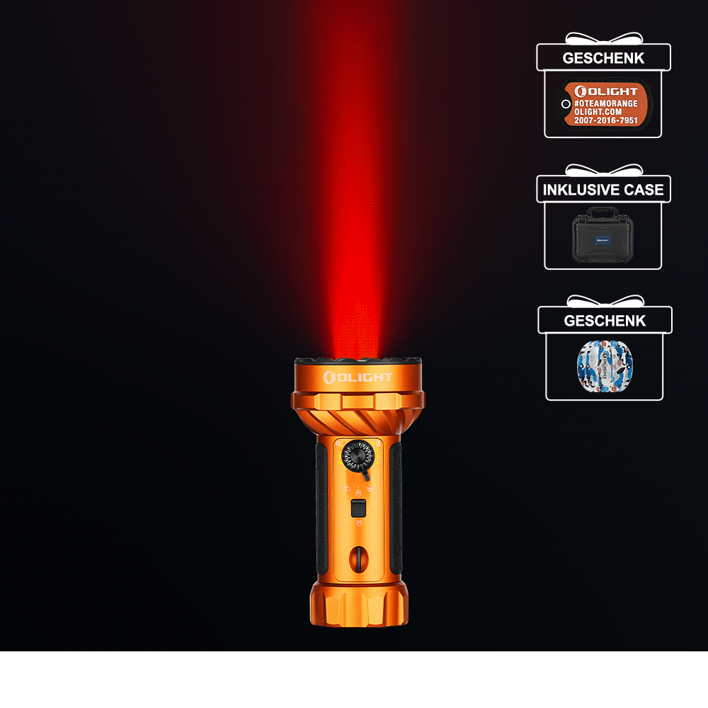 Olight orange Marauder Mini 2 mit leuchtendem rotem Strahl für Such- und Rettungseinsätze bei Nacht.