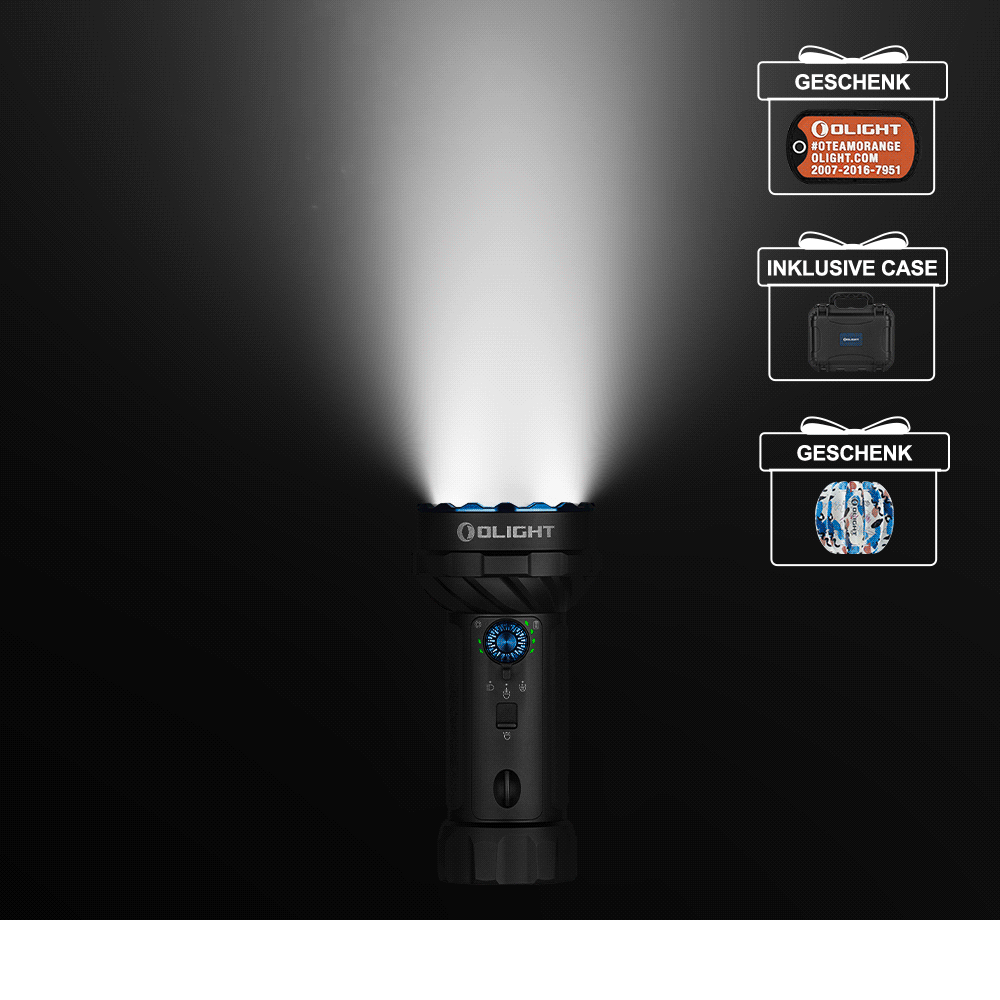 Olight schwarze Seeker 4 Pro Taschenlampe mit starkem Strahl und Zubehör für den Einsatz im Freien.