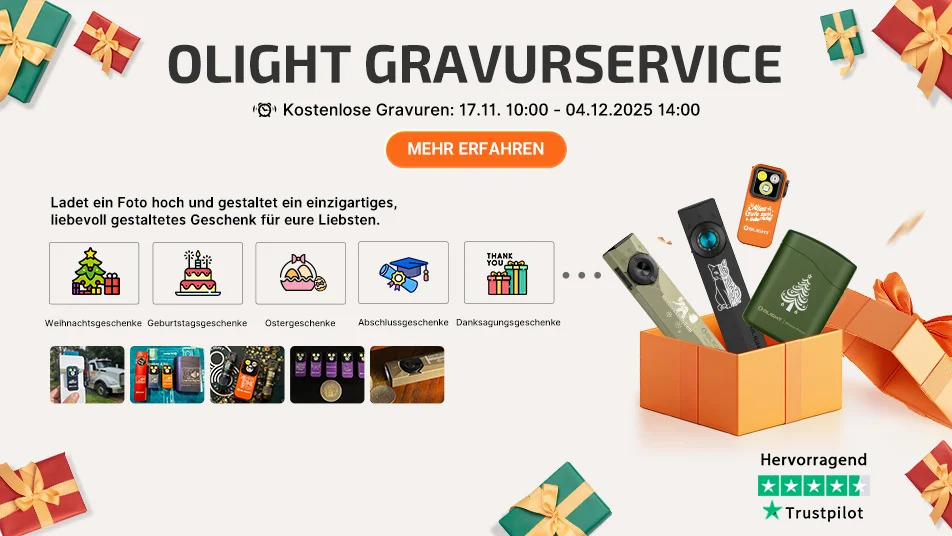 Olight Gravurservice für personalisierte Geschenke: kostenlose Gravuren für Weihnachten, Geburtstag, Ostern, Abschluss.