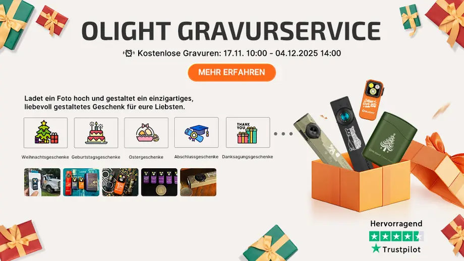 Olight Gravurservice für personalisierte Geschenke: kostenlose Gravuren für Weihnachten, Geburtstag, Ostern, Abschluss.