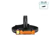 Orange Olight LED-Stirnlampe mit drei LEDs und schwarzem Kopfband.