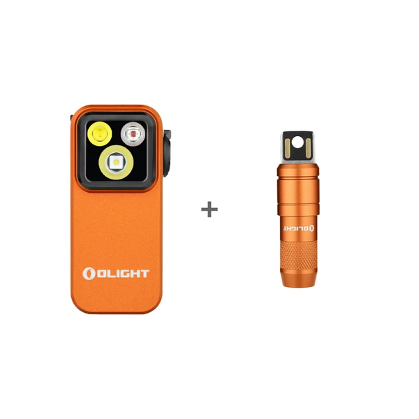 Olight orange Perun 3 Mini mit mehreren LEDs und Open Pro Stiftlampe mit texturiertem Griff im Set für EDC und Outdoor.