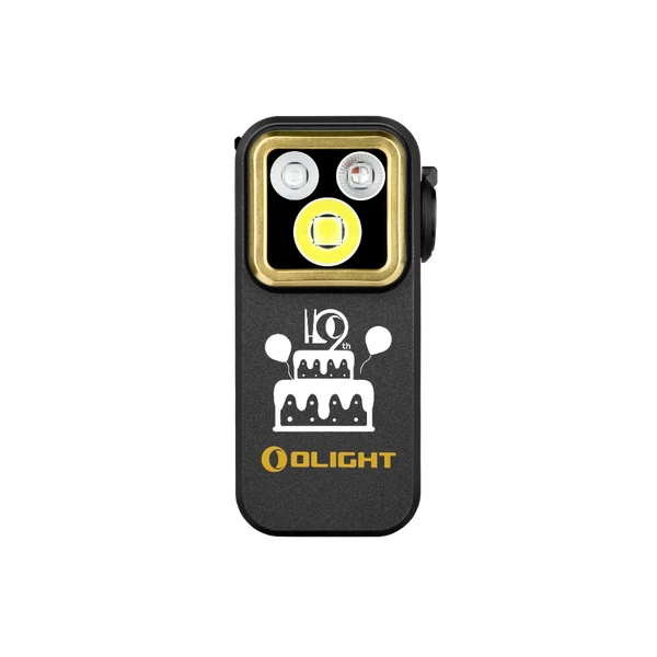 Olight Oclip Pro S Schwarze LED-Taschenlampe zum 10. Jubiläum, Vorderansicht mit Kuchen- und Luftballon-Design für tragbare Beleuchtung.