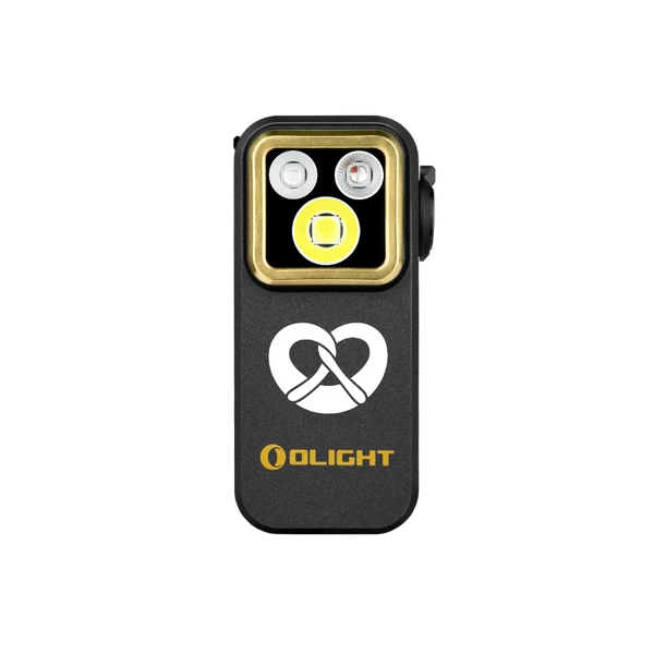 Olight Oclip Pro S Schwarze LED-Taschenlampe mit goldfarbenen Akzenten und Brezel-Design, ideal für den EDC-Gebrauch.