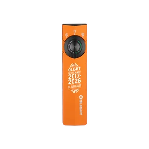 Olight ArkPro orange EDC Taschenlampe mit Jubiläums-Gravur und UV-Licht-Auswahlrad in der Vorderansicht