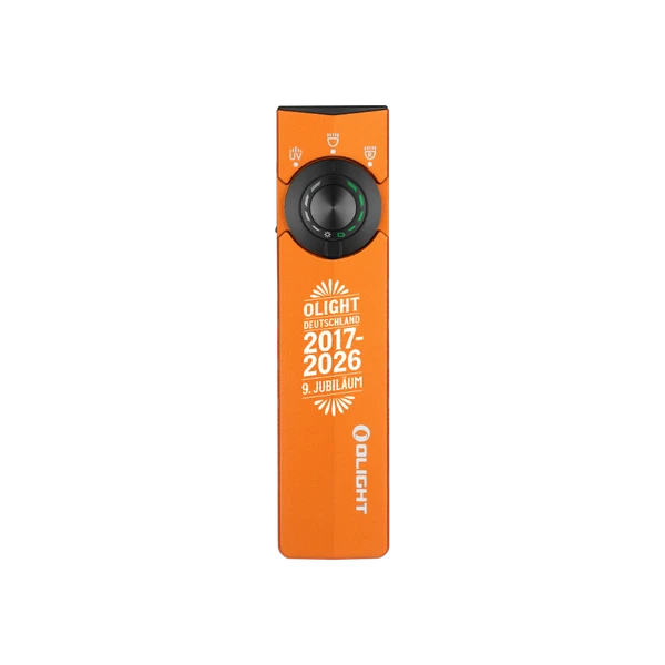 Olight ArkPro orange EDC Taschenlampe mit Jubiläums-Gravur und UV-Licht-Auswahlrad in der Vorderansicht