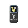 Olight kompakte Taschenlampe in Schwarz mit Hirsch-Logo und drei LED-Leuchten vor schwarzem Hintergrund