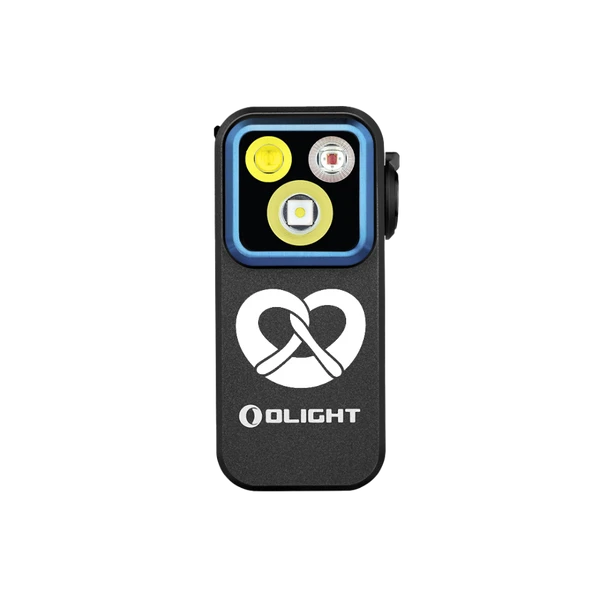 Olight Oclip Pro, ein vielseitiges, schwarzes EDC-Licht mit drei LEDs und Brezel-Logo, perfekt für den täglichen Gebrauch.