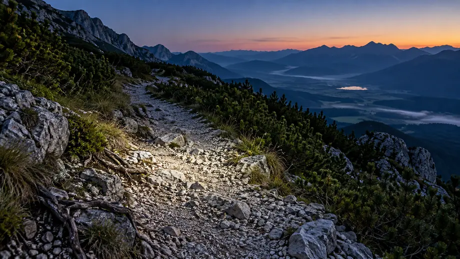 Stirnlampe für Bergtouren: Geröll, Wegmarkierung und Start im Tal