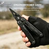 Schwarzes Multitool mit ergonomischem Griff und Zange von HX Outdoors in behandschuhter Hand gehalten.