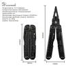 HX Outdoors Multitool in Schwarz mit Abmessungen und technischen Daten auf Deutsch