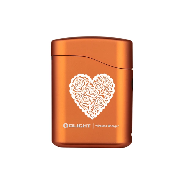 Olight Perun 3 Mini in Orange mit floralem Herz-Design, kabelloses Ladegerät für stilvolle Geschenkideen.